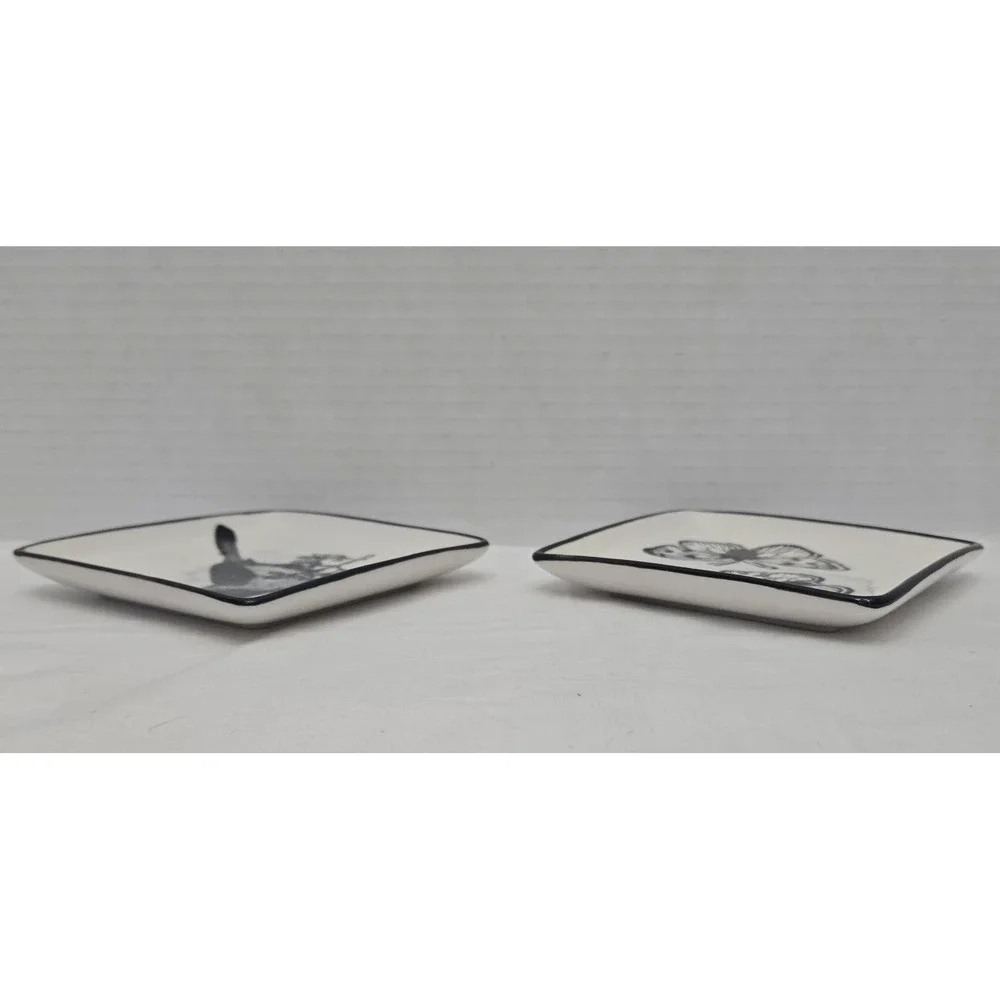 Grace and Belle Square Jewelry Ring Dish Set Black/White Ceramic Bird/Butterfly